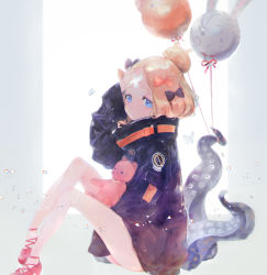 Rule 34 | 1girl, abigail williams (fate), abigail williams (traveling outfit) (fate), alternate hairstyle, backlighting, balloon, bandaid, bandaid on face, bandaid on forehead, belt, black bow, black jacket, blonde hair, blue eyes, blush, bow, fate/grand order, fate (series), forehead, fou (fate), hair bow, hair bun, heroic spirit traveling outfit, high collar, highres, holding, holding stuffed toy, jacket, knees up, legs, long hair, looking at viewer, official alternate costume, orange bow, parted bangs, polka dot, polka dot bow, red footwear, single hair bun, sitting, sleeves past fingers, sleeves past wrists, solo, stuffed animal, stuffed toy, teddy bear, tentacles, thighs, white background, yaku (ziroken)