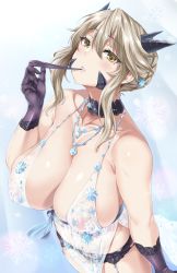 Rule 34 | 1girl, artoria pendragon (fate), artoria pendragon (lancer alter) (fate), artoria pendragon (lancer alter) (royal icing) (fate), bare arms, bare shoulders, biting, black panties, blonde hair, blue background, braid, breasts, choker, cleavage, commentary, covered erect nipples, covered navel, cowboy shot, fate/grand order, fate (series), garter belt, glove biting, gloves, hair between eyes, highres, horns, jewelry, large breasts, lingerie, long hair, moisture (chichi), official alternate costume, panties, revealing clothes, see-through, snowflakes, solo, underwear, yellow eyes