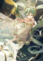 Rule 34 | 1girl, ahoge, asymmetrical legwear, ballerina, ballet slippers, bare shoulders, commentary request, copyright name, dress, en pointe, gold bow, gold choker, gramophone miku, green eyes, green hair, hair ornament, hatsune miku, leg up, light particles, long hair, looking at viewer, miku symphony (vocaloid), number tattoo, official art, open mouth, reaching, reaching towards viewer, ribbon, see-through, see-through dress, smile, solo, tattoo, twintails, very long hair, vocaloid, vs0mr, white dress
