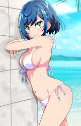 Rule 34 | 1girl, against wall, aqua eyes, beach, bikini, blue nails, blush, bob cut, braid, breasts, cleavage, closed mouth, commentary, crossed arms, day, delicious party precure, from side, front-tie bikini top, front-tie top, fuwa kokone, groin, hair ornament, hairclip, halterneck, highres, kaatsu katsurou, leaning forward, looking at viewer, medium breasts, mountainous horizon, nail polish, navel, ocean, outdoors, precure, short hair, side-tie bikini bottom, sideboob, smile, solo, standing, string bikini, sweat, swimsuit, white bikini