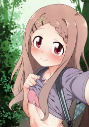 Rule 34 | 10s, 1girl, aoba kokona, backpack, bag, blush, bra, braid, braided bangs, brown hair, closed mouth, clothes lift, commentary request, day, forest, hair ornament, hairclip, hayashi keita, highres, lifting own clothes, long hair, looking at viewer, nature, outdoors, pink bra, reaching, reaching towards viewer, selfie, shirt lift, smile, solo, underwear, upper body, yama no susume