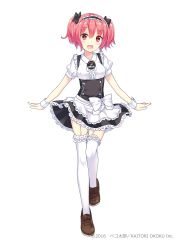 Rule 34 | 1girl, artist name, bekotarou, bow, full body, hair bow, hasegawa urumi, highres, kaitori oukoku, looking at viewer, maid, maid headdress, mascot, open mouth, original, pink eyes, pink hair, shoes, short hair, short sleeves, smile, solo, thighhighs, two side up, underbust, white background, white thighhighs, wrist cuffs