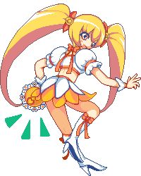 Rule 34 | 10s, 1girl, boots, bow, cure sunshine, heartcatch precure!, instrument, knee boots, long hair, lowres, magical girl, md5 mismatch, myoudouin itsuki, orange bow, orange skirt, pixel art, precure, skirt, solo, tambourine, very long hair, white background, yoshihiko (eris0424)