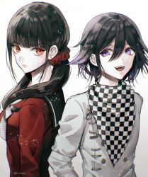 Rule 34 | 1boy, 1girl, artist name, black hair, checkered clothes, checkered scarf, commentary request, danganronpa (series), danganronpa v3: killing harmony, from side, hair between eyes, hair ornament, hair scrunchie, harukawa maki, jacket, long hair, looking at viewer, low twintails, mole, mole under eye, oma kokichi, purple eyes, purple hair, red eyes, red scrunchie, red shirt, sakuyu, scarf, scrunchie, shirt, simple background, teeth, twintails, twitter username, upper body, upper teeth only, white background, white jacket