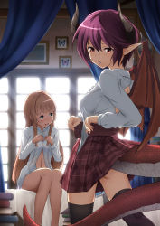 Rule 34 | 2girls, :o, anne (shingeki no bahamut), ass, back cutout, backlighting, bare legs, black legwear, blonde hair, blunt bangs, blush, book, book stack, breasts, bug, butterfly, clothing cutout, curtains, dragon girl, dragon horns, dragon tail, dragon wings, feet out of frame, framed insect, grea (shingeki no bahamut), green eyes, highres, horns, indoors, insect, long hair, long sleeves, looking away, looking back, looking to the side, manaria friends, medium breasts, midorinocha, miniskirt, multiple girls, navel, nose blush, on bed, open clothes, open mouth, open shirt, open skirt, plaid, plaid skirt, pleated skirt, pointy ears, purple hair, purple skirt, red eyes, shingeki no bahamut, shirt, short hair, sidelocks, sitting, skirt, standing, tail, thighhighs, undressing, white shirt, window, wings, zettai ryouiki
