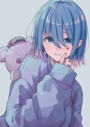 Rule 34 | 1girl, absurdres, blue eyes, blue hair, blue sweater, blush, ear piercing, ene mizunoawa, facial mark, hair between eyes, heart, highres, jewelry, long sleeves, looking at viewer, multicolored hair, nail polish, original, parted lips, piercing, pink hair, red nails, ring, short hair, sleeves past wrists, smile, solo, stuffed animal, stuffed toy, sweater, teddy bear, two-tone hair, upper body