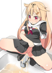 Rule 34 | 1girl, arm support, black ribbon, black serafuku, black shirt, black skirt, black socks, blonde hair, blush, breasts, clothes lift, faucet, female focus, from above, hair ornament, hair ribbon, hairclip, hand up, indoors, kantai collection, kneehighs, leaning back, lifting own clothes, long hair, medium breasts, minamimachi naname, neckerchief, no panties, peeing, pleated skirt, pussy, red eyes, red neckerchief, ribbon, school uniform, serafuku, shiny skin, shirt, short sleeves, sink, skirt, skirt lift, socks, solo, spread legs, squatting, uncensored, yuudachi (kancolle)