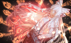 Rule 34 | 1girl, albino, black background, blurry, bow, closed mouth, collared shirt, depth of field, dress shirt, feathers, fire, flaming hand, fujiwara no mokou, hair bow, hand in pocket, light frown, long hair, long sleeves, looking at viewer, multi-tied hair, ofuda, pants, red eyes, red pants, rff (3 percent), shirt, solo, suspenders, touhou, very long hair, white bow, white hair, white shirt