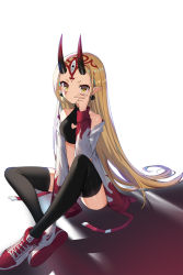Rule 34 | 1girl, absurdres, bare shoulders, between legs, black thighhighs, blonde hair, breasts, cleavage, cleavage cutout, clothing cutout, collarbone, crop top, earrings, facial mark, fate/grand order, fate (series), hand up, heart cutout, highres, horns, ibaraki douji (fate), index finger raised, jacket, jewelry, long hair, long sleeves, looking at viewer, midriff, off shoulder, oni horns, open clothes, open jacket, pointy ears, shirt, shoes, sidelocks, simple background, sitting, sleeveless, sleeveless shirt, sneakers, solo, thighhighs, topu, very long hair, white background, white jacket, yellow eyes