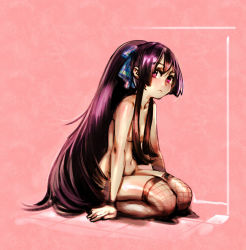 Rule 34 | 1girl, bow (bhp), censored, convenient censoring, female focus, hair censor, long hair, navel, nude, original, pink eyes, purple hair, seiza, sitting, solo, thighhighs, very long hair