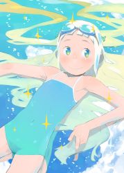 Rule 34 | 1girl, blue eyes, blunt bangs, blush, cloud, commentary request, goggles, hair ribbon, hara (pencilpen), highres, long hair, looking at viewer, one-piece swimsuit, original, reflection, ribbon, school swimsuit, smile, solo, star (symbol), swimsuit, v, very long hair, water, white hair