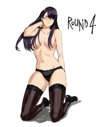 Rule 34 | 1girl, arm up, black footwear, black hair, black panties, black thighhighs, breasts, closed mouth, collarbone, glasses, highres, kamishiro rize, kneeling, large breasts, long hair, navel, panties, red thighhighs, shiny clothes, shoes, solo, thighhighs, tokyo ghoul, topless, underwear, yourfreakyneighbourh