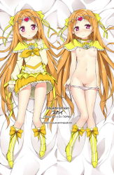 Rule 34 | 10s, 1girl, boots, bow, breasts, brooch, capelet, choker, circlet, cure muse, cure muse (yellow), dakimakura (medium), dress, eyelashes, frills, hair ribbon, heart, jewelry, knee boots, long hair, looking at viewer, multiple views, navel, nipples, no pussy, nude, orange hair, panties, panties only, panty pull, petite, precure, purple eyes, ribbon, shirabe ako, skirt, sky-freedom, small breasts, suite precure, sweat, topless, uncensored, underwear, underwear only, very long hair, yellow bow, yellow dress, yellow skirt