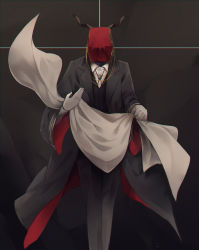 Rule 34 | 1boy, black suit, chromatic aberration, commentary, covered face, elias ainsworth, film grain, formal, gloves, grey background, highres, horns, mahou tsukai no yome, male focus, nekochu (masamura38b), solo, standing, suit, white gloves, wide sleeves