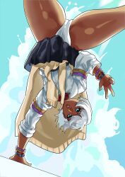 absurdres alula456 bangle black_skirt blue_eyes blue_sky bracelet cloud dark-skinned_female dark_skin elena_(street_fighter) handstand highres jewelry muscular muscular_female one_arm_handstand panties red_lips skirt sky street_fighter street_fighter_iii_(series) sweater underwear v white_panties