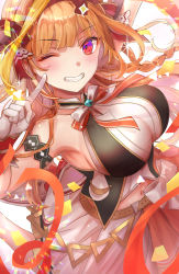 Rule 34 | 1girl, ;), ahoge, arm up, bare shoulders, blonde hair, blunt bangs, bow, braid, breasts, commentary request, dragon girl, dragon horns, finger to cheek, gloves, grin, hair ornament, hairband, highres, hololive, hololive idol uniform, horn bow, horn ornament, horns, idol clothes, kebaboishii, kiryu coco, large breasts, long hair, looking at viewer, midriff peek, multicolored hair, navel, official alternate costume, one eye closed, orange hair, red eyes, shirt, simple background, sleeveless, sleeveless shirt, smile, solo, streaked hair, striped, teeth, virtual youtuber, white background, white gloves