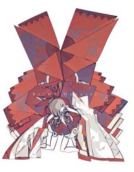 Rule 34 | 1girl, absurdres, adapted costume, ascot, bow, character name, cubism, detached sleeves, geometric pattern, gohei, grey hair, hair bow, hair tubes, hakurei reimu, harano kaguyama, highres, kneeling, large bow, looking at viewer, medium hair, nontraditional miko, red bow, red skirt, red vest, skirt, solo, touhou, very long sleeves, vest, white background, wide sleeves, yellow ascot