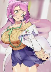 Rule 34 | blush, breasts, collarbone, cowboy shot, creatures (company), earrings, game freak, green eyes, highres, jewelry, koda1ra, lab coat, large breasts, long hair, miriam (pokemon), nintendo, pink hair, pokemon, pokemon sv, shaking, skirt, stethoscope, striped clothes, striped skirt, sweat, sweater, thick thighs, thighs