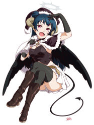 Rule 34 | 10s, 1girl, belt, black gloves, black thighhighs, black wings, blue hair, boots, capelet, choker, commentary request, crop top, cross, crossed legs, demon horns, demon tail, elbow gloves, feathered wings, fur-trimmed capelet, fur trim, gloves, hair bun, halo, hand on own forehead, hat, high heel boots, high heels, highres, horns, invisible chair, knee boots, long hair, looking at viewer, love live!, love live! school idol festival, love live! sunshine!!, open mouth, over shoulder, purple eyes, sack, santa hat, side bun, signature, simple background, single side bun, sitting, skirt, solo, strapless, tail, takeya yuuki, thighhighs, tsushima yoshiko, white background, white skirt, wings