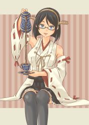 Rule 34 | 1girl, absurdres, black hair, black skirt, blue eyes, boots, cup, decantering, detached sleeves, frilled skirt, frills, glasses, green-framed eyewear, hairband, headgear, highres, holding, holding saucer, holding teapot, japanese clothes, kantai collection, kirishima (kancolle), kirishima kai ni (kancolle), nontraditional miko, pleated skirt, pot-de, pouring, ribbon-trimmed sleeves, ribbon trim, saucer, short hair, sitting, skirt, solo, teacup, teapot, thigh boots, thighhighs