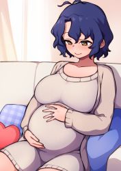 Rule 34 | 1girl, antenna hair, beige sweater, big belly, blue hair, breasts, commission, couch, cushion, dark blue hair, hands on own stomach, idolmaster, idolmaster million live!, jewelry, kwaejina, large breasts, looking down, on couch, ornate ring, pixiv commission, pregnant, ring, short hair, sitting, smile, solo, toyokawa fuka, wavy hair, wedding ring