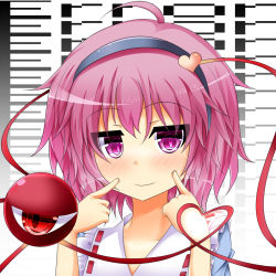 Rule 34 | 1girl, ahoge, blouse, finger to cheek, hairband, heart, heart of string, highres, komeiji satori, light smile, looking at viewer, md5 mismatch, pink eyes, pink hair, shirt, short hair, solo, text focus, third eye, touhou, upper body, us2s, white background