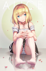 Rule 34 | 1girl, absurdres, alice margatroid, ass, bare shoulders, barefoot, black skirt, blonde hair, blue eyes, blue panties, character name, collarbone, commentary request, cross, cross necklace, feet, floor, full body, hairband, head tilt, highres, interlocked fingers, jewelry, looking at viewer, necklace, no shoes, off-shoulder shirt, off shoulder, panties, pantyshot, petals, red hairband, reflection, ruochongsang, shirt, short hair, short sleeves, sitting, skirt, smile, solo, striped clothes, striped panties, thighhighs, thighs, toes, touhou, underwear, white panties, white shirt, white thighhighs