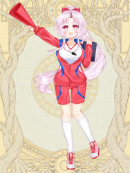 Rule 34 | 1girl, :d, blush, bow, full body, grey hair, gym shirt, gym shorts, gym uniform, hair bow, holding, horns, jacket, kerberos blade, kneehighs, long hair, long sleeves, megaphone, open clothes, open jacket, open mouth, parted bangs, pink footwear, ponytail, puffy long sleeves, puffy sleeves, red bow, red eyes, red jacket, red shorts, shikito (yawa0w0), shirt, shoes, shorts, sidelocks, single horn, smile, socks, solo, standing, standing on one leg, very long hair, whistle, whistle around neck, white shirt, white socks