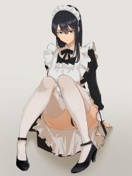 Rule 34 | 1girl, absurdres, arm support, black hair, blue eyes, breasts, closed mouth, commentary, full body, hair between eyes, high heels, highres, knees together feet apart, long hair, long sleeves, looking at viewer, maid, medium breasts, original, pen guin15, simple background, sitting, smile, solo, thighhighs, white thighhighs