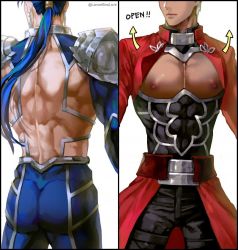 Rule 34 | 2boys, adapted costume, archer (fate), armor, ass, blue hair, cu chulainn (fate), dark skin, dark-skinned male, fate/grand order, fate/stay night, fate (series), from behind, head out of frame, kim yura (goddess mechanic), cu chulainn (fate/stay night), long hair, male focus, manly, multiple boys, muscular, nipples, pauldrons, pectorals, ponytail, revealing clothes, shoulder armor, white hair