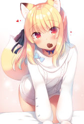 Rule 34 | 1girl, animal ear fluff, animal ears, aran sweater, bed sheet, black bow, blonde hair, blue bow, blush, bow, brown background, cable knit, candy, chocolate, chocolate heart, commentary request, food, food in mouth, fox ears, fox girl, fox tail, gradient background, hair between eyes, hair bow, head tilt, heart, long hair, long sleeves, looking at viewer, mouth hold, original, puffy long sleeves, puffy sleeves, red eyes, sazaki ichiri, solo, sweater, tail, tail raised, valentine, white background, white sweater