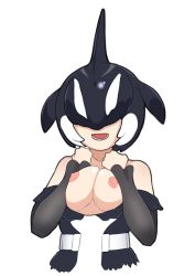 Rule 34 | 1girl, absurdres, bare shoulders, black hair, blowhole, breasts, breasts squeezed together, colored inner hair, covered eyes, cropped torso, dorsal fin, dress, facing viewer, fins, hair over eyes, hands up, head fins, highres, illu (illu stratos), kemono friends, long bangs, long sleeves, medium breasts, multicolored hair, nipples, no bra, off shoulder, open mouth, orca (kemono friends), simple background, smile, solo, two-tone hair, upper body, white background, white hair