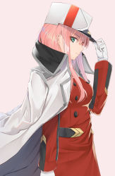 Rule 34 | 10s, 1girl, closed mouth, darling in the franxx, gloves, green eyes, hat, highres, hikashou, long hair, looking at viewer, military, military uniform, peaked cap, pink background, pink hair, profile, simple background, solo, uniform, white gloves, zero two (darling in the franxx)