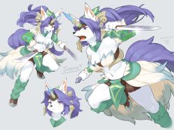 Rule 34 | 1girl, animal ear fluff, animal ears, armor, body fur, breasts, claws, cleavage, closed mouth, collarbone, frown, furry, highres, holding, holding knife, holding weapon, horns, kame (3t), knife, legend of mana, long hair, looking to the side, navel, profile, purple eyes, purple hair, seiken densetsu, shoulder armor, sierra (lom), single horn, tail, thick eyebrows, weapon, wolf ears, wolf girl