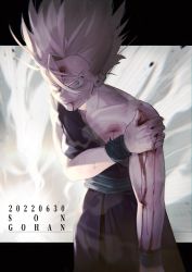 Rule 34 | 1boy, blonde hair, blood, blood from mouth, blue eyes, bruise, bruise on face, character name, chromatic aberration, collarbone, dated, dougi, dragon ball, dragonball z, highres, injury, leaning forward, male focus, s 3u, solo, son gohan, super saiyan, super saiyan 2, torn clothes, v-shaped eyebrows, wristband