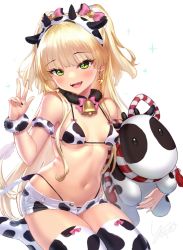 Rule 34 | 1girl, :d, animal ears, animal print, artist name, bell, black nails, blonde hair, blush, bow, bowtie, breasts, cow ears, cow horns, cow print, cowbell, earrings, fake animal ears, fake horns, fangs, fur trim, green eyes, hand up, heart, heart earrings, holding, holding stuffed toy, horns, idolmaster, idolmaster cinderella girls, jewelry, jougasaki rika, long hair, looking at viewer, nail polish, navel, open mouth, pink hair, short shorts, shorts, simple background, sitting, small breasts, smile, solo, stuffed animal, stuffed cow, stuffed toy, thighhighs, thighs, two side up, w, wariza, white background, white shorts, white thighhighs, yapo (croquis side)