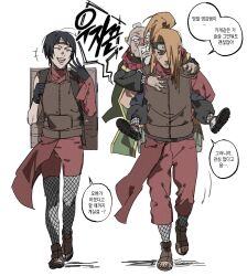 1girl 2boys annoyed back_pain blonde_hair carrying deidara_(naruto) dong2taku forehead_protector full_body gloves hair_over_one_eye highres korean_text kurotsuchi_(naruto) laughing multiple_boys naruto_(series) naruto_shippuuden ninja official_alternate_costume old old_man oonoki_(naruto) piggyback walking