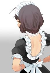 Rule 34 | 1girl, ahoge, alternate costume, backless outfit, black dress, blunt bangs, brown hair, dress, enmaided, frilled dress, frills, from behind, gradient background, grey background, kantai collection, kishinami (kancolle), looking at viewer, looking back, maid, maid headdress, short hair, short ponytail, solo, standing, tooku nomura (artist), wavy hair, white background, wrist cuffs, yellow eyes