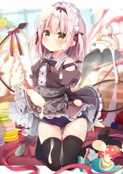 Rule 34 | 1girl, :&lt;, apron, black bow, black footwear, black thighhighs, black wings, blue one-piece swimsuit, blurry, blurry background, blush, bow, brown dress, brown eyes, candy wrapper, closed mouth, clothes lift, clothing cutout, commentary request, cream, demon girl, demon tail, demon wings, depth of field, detached wings, dress, dress lift, food, food on clothes, food on hair, frilled apron, frills, full body, grey apron, hair between eyes, hair bow, hair ornament, hanamiya natsuka, high heels, kneeling, lifting own clothes, long hair, looking at viewer, macaron, mini wings, old school swimsuit, one-piece swimsuit, original, pink hair, plaid, plaid apron, puffy short sleeves, puffy sleeves, red bow, red ribbon, ribbon, school swimsuit, shoes, short sleeves, shoulder cutout, solo, spoon, strap slip, swimsuit, swimsuit under clothes, tail, thighhighs, two side up, waist apron, wings, x hair ornament
