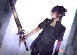 Rule 34 | 10s, 1boy, black hair, blue eyes, collarbone, final fantasy, final fantasy xv, highres, holding, holding weapon, male focus, noctis lucis caelum, shirt, short hair, simple background, solo, sunakumo, sword, weapon