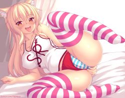 Rule 34 | 1girl, animal ear fluff, animal ears, ass, blonde hair, blush, breasts, buruma, buruma aside, cat ears, cleavage, clothing aside, heart, heart-shaped pupils, highres, large breasts, long hair, looking at viewer, lying, nottytiffy, on side, open mouth, original, panties, patreon username, red eyes, solo, spread legs, striped clothes, striped panties, striped thighhighs, symbol-shaped pupils, tank top, thighhighs, tiffy (nottytiffy), tongue, tongue out, underwear, watermark, web address