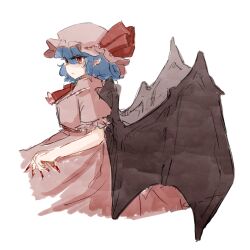 Rule 34 | 1girl, bat wings, blue hair, hat, highres, koyane (silver81106), looking to the side, red eyes, remilia scarlet, solo, touhou, white background, white hat, wings