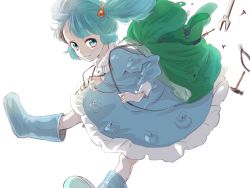 Rule 34 | 1girl, backpack, bag, blue eyes, blue footwear, blue hair, blush, boots, hair bobbles, hair ornament, hat, kawashiro nitori, key, looking at viewer, matching hair/eyes, meiji (charisma serve), no headwear, no headwear, rubber boots, short hair, smile, solo, tools, touhou, twintails, two side up