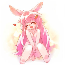 Rule 34 | 1girl, animal ears, bad id, bad pixiv id, blush stickers, carrot, closed eyes, food-themed hair ornament, furry, furry female, hair ornament, heart, long hair, mizuki kotora, open mouth, own hands together, pink hair, pink theme, rabbit ears, rabbit girl, rabbit tail, sitting, smile, solo, tail, very long hair