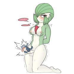 Rule 34 | 1girl, absurdres, arms behind back, blush, breasts, creatures (company), disembodied hand, erection, feet, furry, furry female, futanari, game freak, gardevoir, gen 3 pokemon, green hair, hair over one eye, half-closed eyes, handjob, highres, kneeling, large breasts, looking away, looking to the side, lotion, m0n1e, navel, nintendo, nipples, penis, pokemon, pokemon (creature), pokemon rse, red eyes, short hair, simple background, solo, sweat, testicles, trembling, uncensored, white background