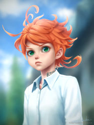 Rule 34 | 1girl, ahoge, blue sky, blurry, blurry background, buttons, closed mouth, cloud, collared shirt, commentary, day, deviantart username, emma (yakusoku no neverland), english commentary, gohpot, green eyes, highres, neck tattoo, number tattoo, orange hair, outdoors, serious, shirt, short hair, signature, sky, solo, sunlight, tattoo, watermark, web address, white shirt, wing collar, yakusoku no neverland