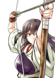 Rule 34 | 10s, 1girl, akagi (kancolle), archery, arrow (projectile), bow (weapon), brown eyes, brown hair, chaigidhiell, drawing bow, gloves, highres, holding, holding bow (weapon), holding weapon, japanese clothes, kantai collection, kyuudou, long hair, muneate, partially fingerless gloves, partly fingerless gloves, simple background, single glove, solo, tasuki, weapon, yugake