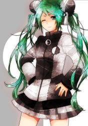 Rule 34 | 1girl, bad id, bad pixiv id, black skirt, checkered clothes, checkered skirt, green eyes, green hair, hands on own hips, hatsune miku, long hair, matching hair/eyes, miniskirt, one eye closed, pleated skirt, project diva (series), project diva extend, sacchan (hn0816), skirt, solo, twintails, ura-omote lovers (vocaloid), very long hair, vocaloid, wink