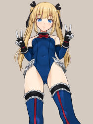 Rule 34 | 1girl, black gloves, black ribbon, black sleeves, blonde hair, blue eyes, blue leotard, blue thighhighs, blurry, breasts, covered navel, cowboy shot, dead or alive, dead or alive 5, depth of field, detached sleeves, female focus, fingerless gloves, foreshortening, frilled leotard, frilled one-piece swimsuit, frilled sleeves, frilled thighhighs, frills, from below, gloves, grey background, hair ornament, hair ribbon, highres, leotard, long hair, looking at viewer, marie rose, one-piece swimsuit, panda sasasa, ribbon, simple background, small breasts, smile, solo, standing, swimsuit, thighhighs, twintails, v, wide sleeves, x hair ornament