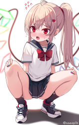 Rule 34 | 1girl, ahoge, black socks, blonde hair, blush, bow, convenient skirt, flandre scarlet, hair ornament, hairclip, legs, long hair, nail polish, open mouth, ponytail, red bow, red eyes, school uniform, serafuku, shoes, simple background, skirt, sneakers, socks, solo, squatting, sseopik, touhou, white background, wings